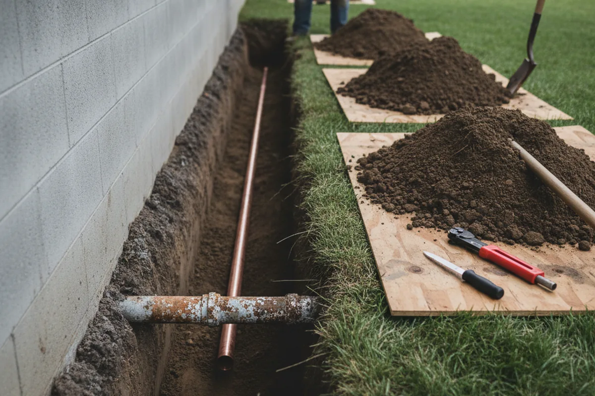 Excavated water line trench during Water Softener Installation in Lincoln
